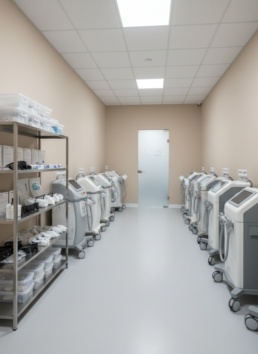 An immaculate, well-organized equipment rental room with rows of professional aesthetic devices neatly lined against a soft beige wall, each machine labeled with discrete, clean signage. On one side, a stainless-steel shelving unit holds sanitized handpieces, goggles, and sealed accessories in transparent containers. The smooth, pale vinyl flooring reflects subtle light, and a frosted glass door with understated branding stands at the far end. Overhead LED panel lights provide even, shadow-free illumination, enhancing the sense of clinical cleanliness. Photographed from a wide, eye-level perspective with sharp focus throughout, the photographic realism and uncluttered composition emphasize reliability and professionalism in aesthetic equipment rental.