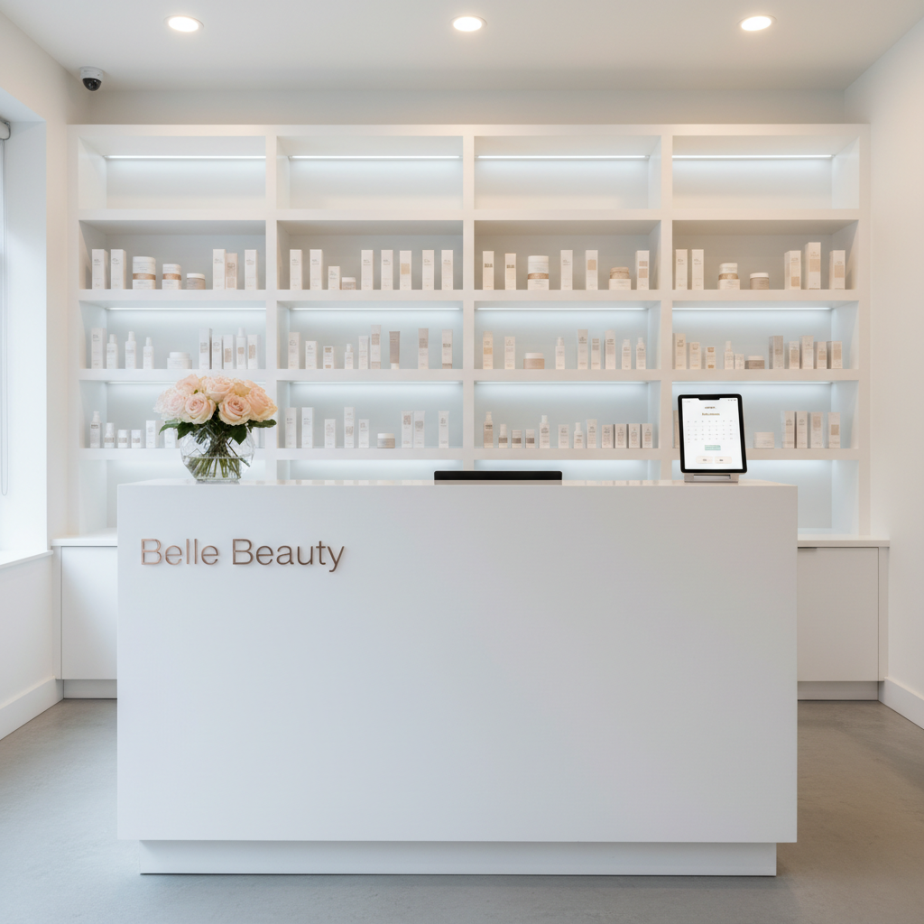 A sleek white reception desk with a subtle matte finish stands centered in a contemporary aesthetics clinic entrance, the clinic name ‘Belle Beauty’ subtly embossed in brushed rose-gold lettering across the front. On the counter rests a tablet displaying a clean booking interface and a small arrangement of pale pink roses in a faceted glass vase. The backdrop shows built-in shelving with neatly aligned skincare products in minimalist packaging. Cool, even overhead lighting combines with soft natural light from an off-frame window, creating a bright, inviting glow. Shot from a slightly elevated angle with a wide lens, photographic realism emphasizes a professional, welcoming atmosphere ideal for beauty appointment bookings.