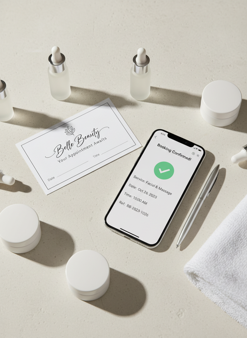 A beautifully arranged flat lay on a pale stone surface featuring a printed Belle Beauty appointment card, a sleek silver pen, and a slim smartphone showing an online booking confirmation screen. Around them, sample-sized aesthetic products in frosted glass vials and matte white jars form a subtle frame, along with a folded, plush white face towel. Soft, diffused overhead lighting creates gentle, natural-looking shadows and delicate highlights on glass and metal surfaces. The composition follows the rule of thirds, with the booking elements in crisp focus and the surrounding items slightly softened, evoking a calm, organized, and professional mood that highlights the ease of scheduling beauty treatments or renting equipment online.