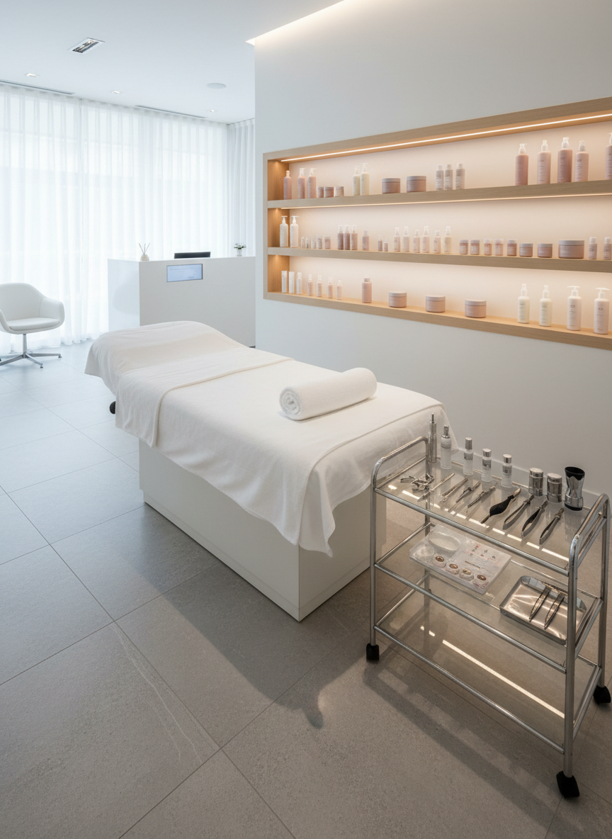 A gleaming white treatment bed with crisp, perfectly folded linens and a neatly arranged set of sterile, chrome-finished aesthetic tools on a nearby glass trolley. Behind, illuminated shelves display elegant frosted bottles and airless pump containers in soft blush and ivory tones. The space features pale stone flooring and a minimalist white reception counter in the background. Soft, diffused daylight streams through sheer curtains, creating gentle highlights on metal surfaces and subtle shadows along the bed. Photographed at eye level with a slight angle, in sharp focus, the composition feels clean, modern, and luxurious, embodying a professional aesthetics clinic ready for beauty appointments.