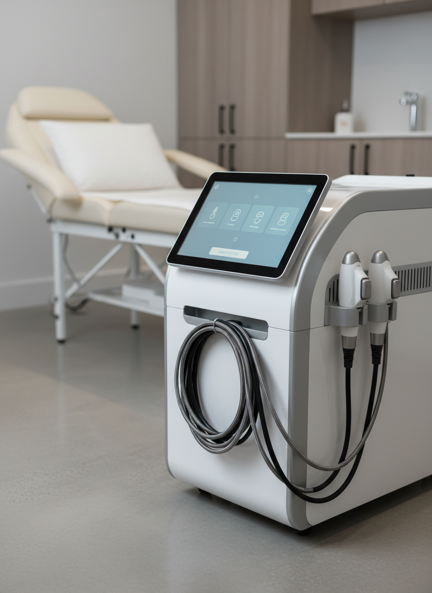A close-up of a professional-grade laser aesthetic machine with a glossy white body, streamlined touchscreen interface, and neatly coiled handpiece cables, positioned on smooth light-grey flooring. The digital display shows a sleek, minimalist control panel with softly glowing blue icons. In the softly blurred background, a modern treatment room is visible with a neutral-toned treatment bed and discreet cabinetry. Cool, balanced studio-style lighting highlights the machine’s contours and polished surfaces, creating crisp reflections along metallic accents. Captured at a three-quarter angle with shallow depth of field, the composition focuses attention on the advanced equipment, conveying precision, safety, and high-end technology available for rent.